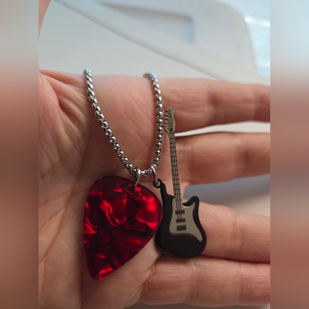 Silver Tone Chain Necklace with Red Guitar Pick and Red/Black Guitar Charm